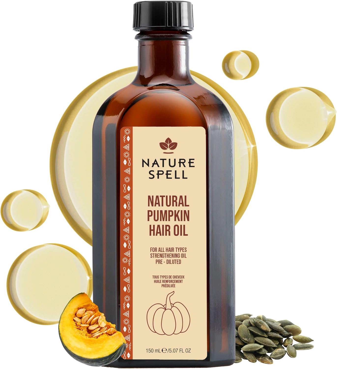 Nature Spell Pumpkin Oil for Hair, Pre-Diluted Oil Helps Nourish Brittle Strands & Reduce the Look of Split Ends, For All Hair Types, Vegan, 150ml