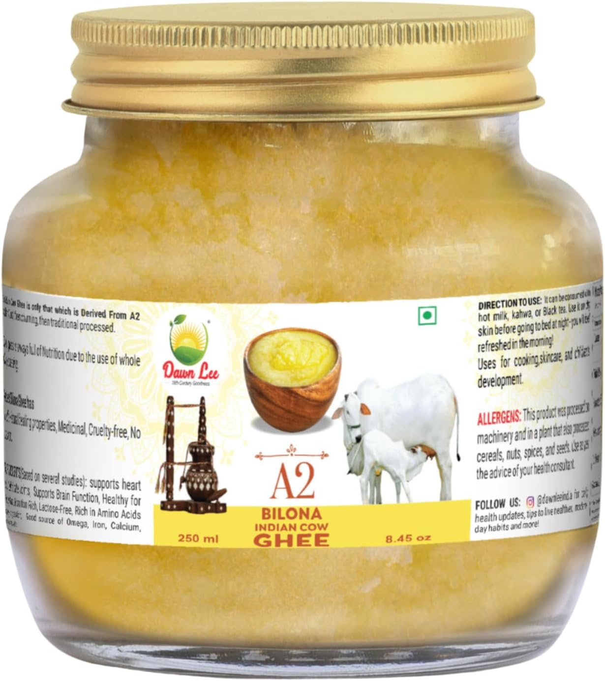 Dawn Lee (18th Century Goodness) Dawn Lee A2 Bilona Ghee-Made From Curd- Churning Process-Slowheating- Natural Healing Properties-Promotes Strong Bones-Muscles-Aids Digestion-Natural Ghee-250 ML