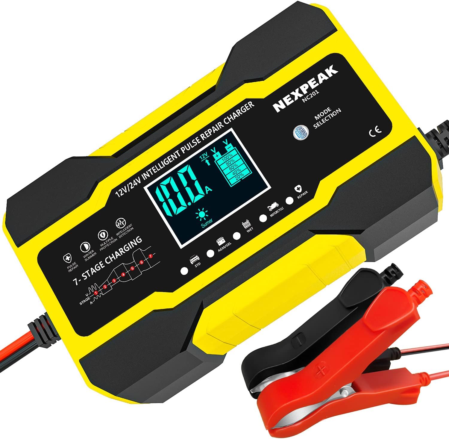 10-Amp Car Battery Charger, 12V and 24V Smart Fully Automatic Battery Charger with Temperature Compensation for Car Truck Motorcycle Marine Lead Acid Batteries