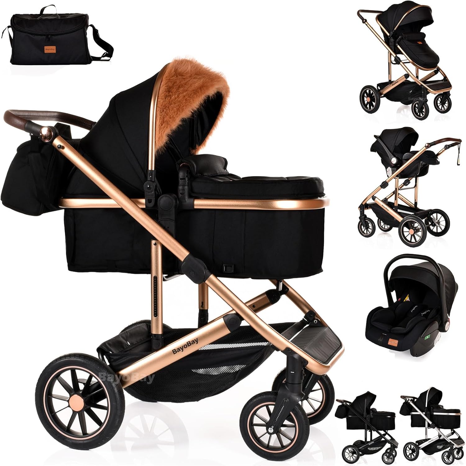 3 in 1 Baby Pram Travel System with Car Seat Lightweight Buggy Foldable Pushchair for Newborn and Toddlers up to 22kg New 2025 Style (Black - Gold)