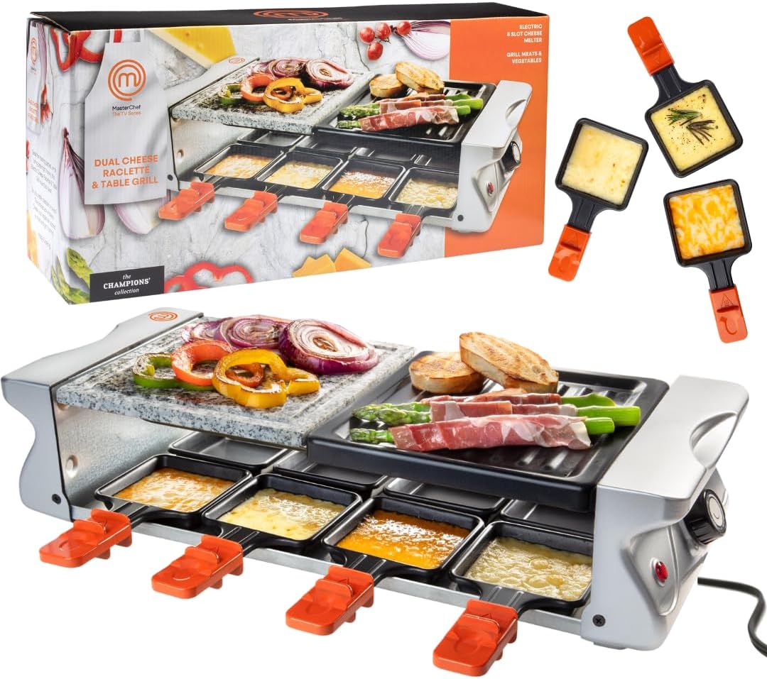 MasterChef Electric Raclette Table Grill w Non-Stick Grilling Plate & Cooking Stone- 8 Person Tabletop Cooker for Indoor, Smokeless Korean BBQ-Melt Cheese, Cook Meat & Veggies, Apps at Once-(19" x 8")
