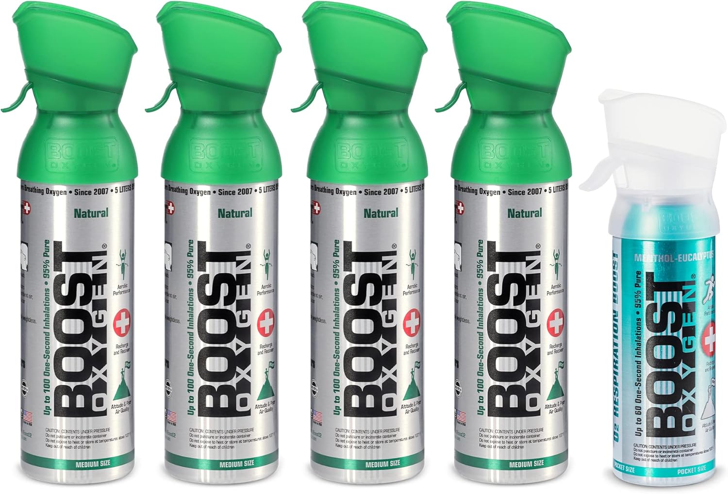 Boost Oxygen Canned 4 Portable 5 Liter Natural Oxygen Canister Bottle with 1 Natural Pocket Sized Pure Canned Oxygen Bottle Canister