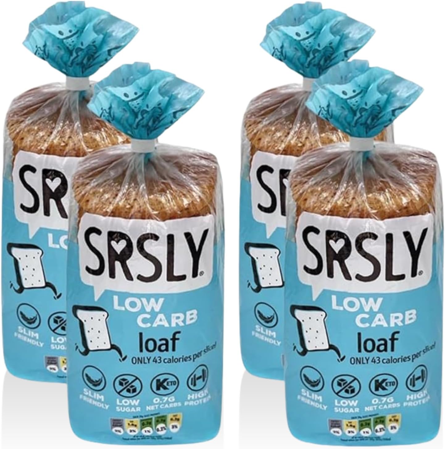 SRSLY Low Carb Keto Bread - Only 0.7g Carbs & 43 Kcals Per Slice - Freshly Baked Light & Fluffy – Sugarwise Certified Low Sugar Bread - High Protein High Fibre - 1 Sliced Loaf - Pack of 4