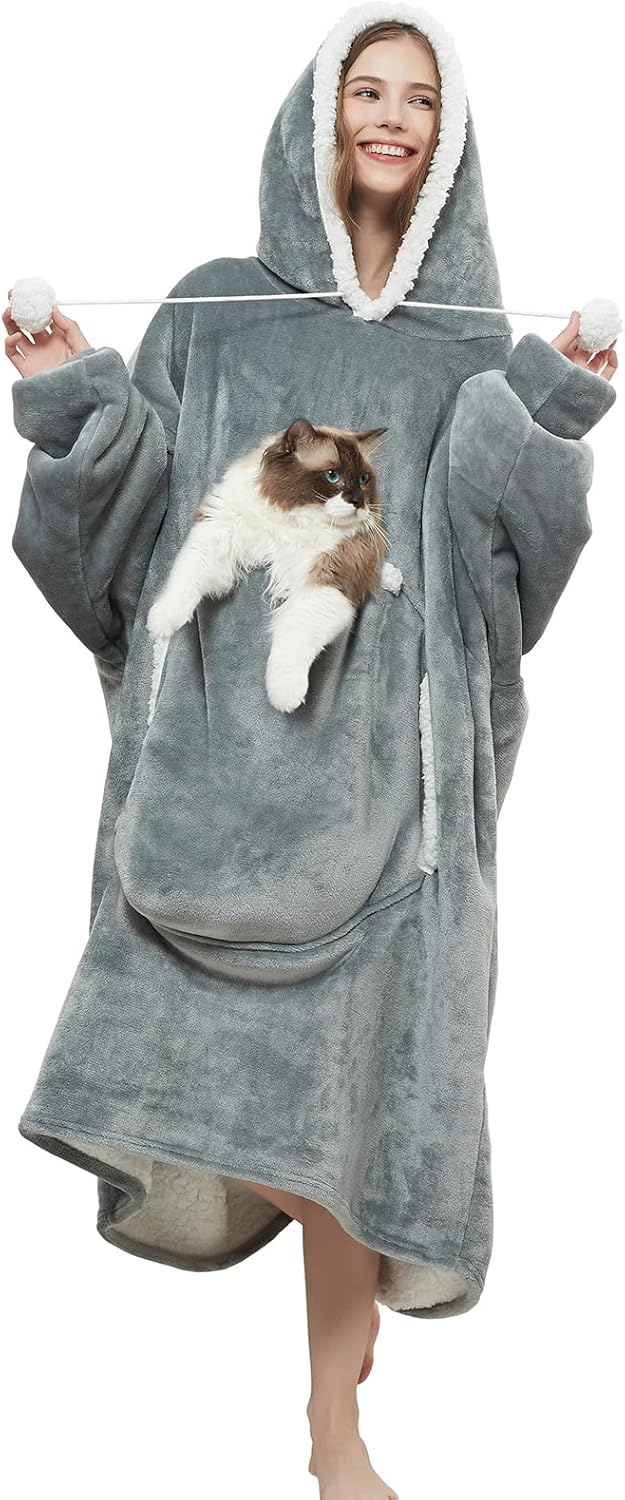 Wearable Blanket Hoodie with Pom Pom and Big Pouch Oversized Cozy Sherpa Hooded Sweatshirt Gift for Women Men