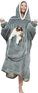 Wearable Blanket Hoodie with Pom Pom and Big Pouch Oversized Cozy Sherpa Hooded Sweatshirt Gift for Women Men