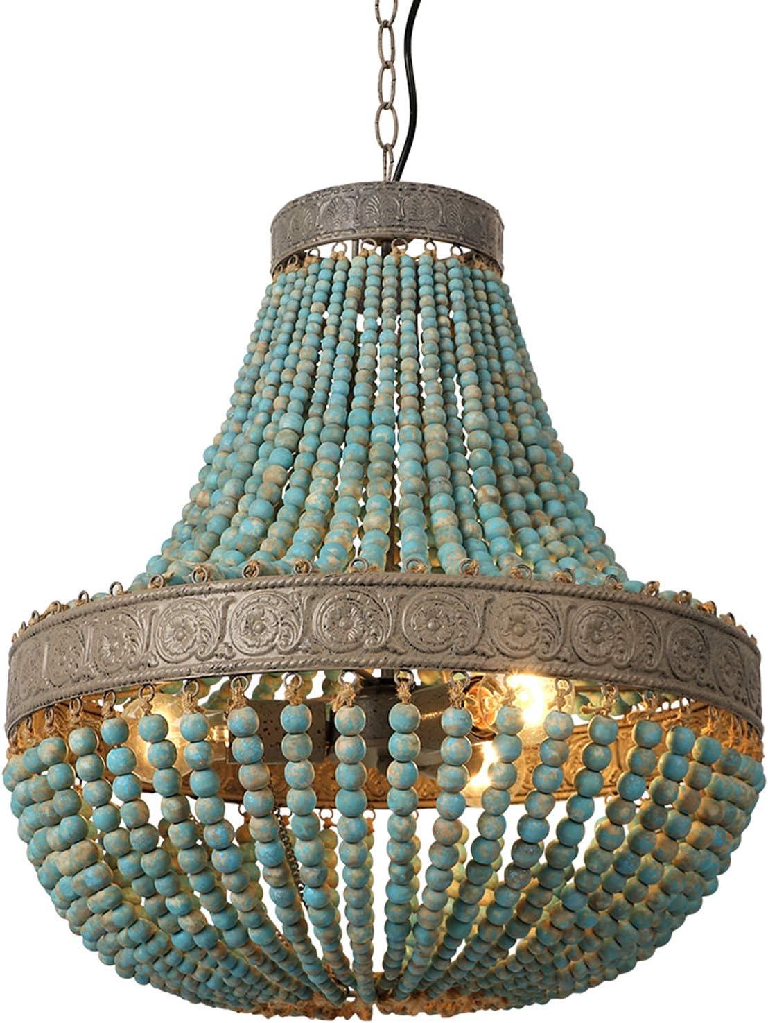 Newrays Wood Bead Chandelier Pendant Gray Blue Finishing Bohemian Boho Beachy Ceiling Lamp Light Fixtures