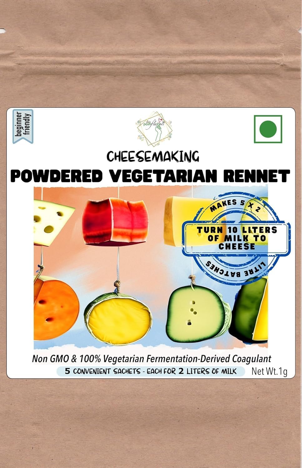 Flavors Powdered Vegetarian Rennet|5 Convenient Sachets,Each For 2 Litres Of Milk|Non-Gmo|Gluten-Free|100% Veg|Make Cheese Easily At Home