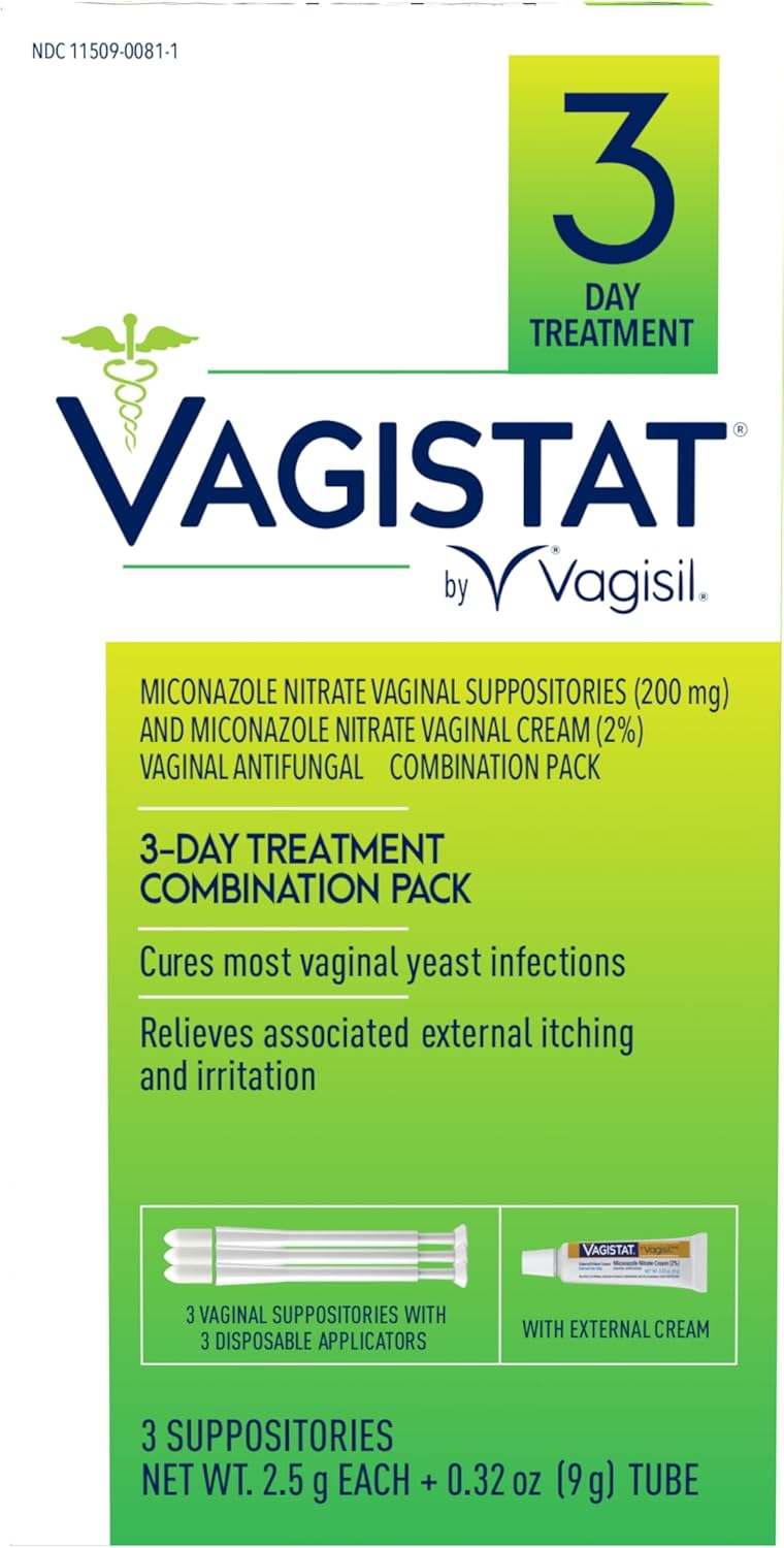 Vagistat 3 Day Yeast Infection Treatment for Women, Relieves External Itching and Irritation - 2% External Miconazole Nitrate Cream, 3 Disposable Suppositories & Applicators, by Vagisil (Pack of 1)