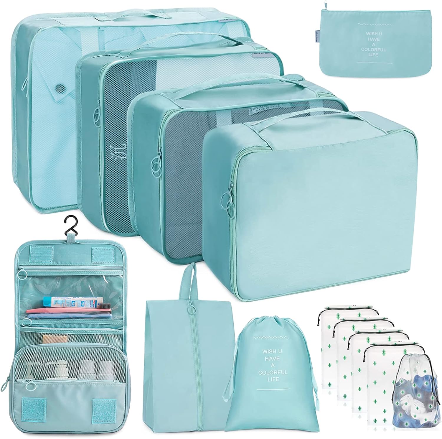 GLGHMH Packing Cubes for Travel, 13pcs Travel Organiser Set Including Travel Cubes Toiletry Bag Shoes Bags Storage Bags, Luggage Cubes for Suitcase Packing (Cyan)