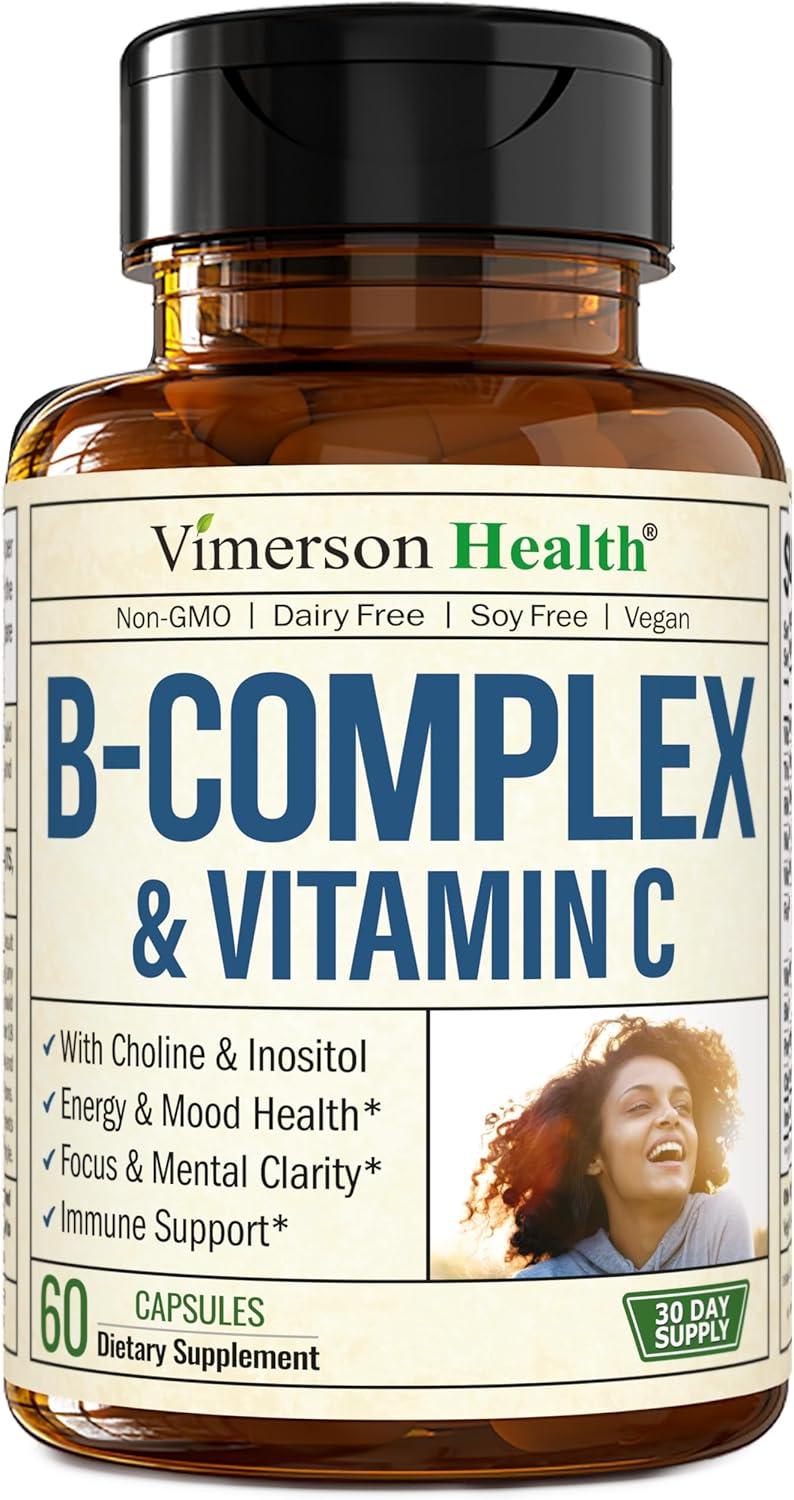 Vitamin B Complex with Vitamin C & Folic Acid (Folate) - 8 High Potency B Vitamins: B1, B2, B3, B5, B6, B7, Vitamin B12 + Biotin, Choline & Inositol. Aids Mood, Energy, Nervous System & Immune Support