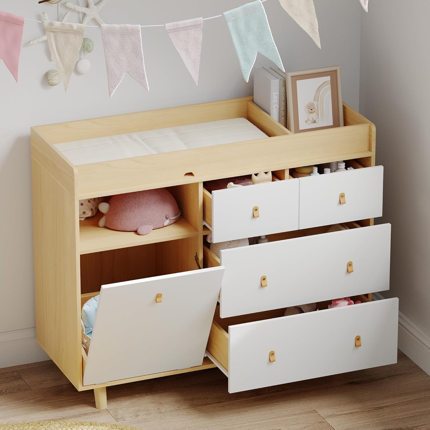 Baby Changing Table Dresser with 5 Drawers, Baby Nursery Dresser with Tilt Out Laundry Basket, Infant Changing Station Organizer for Nursery and Bedroom, Wood Color (45" W x 18" D x 37" H)