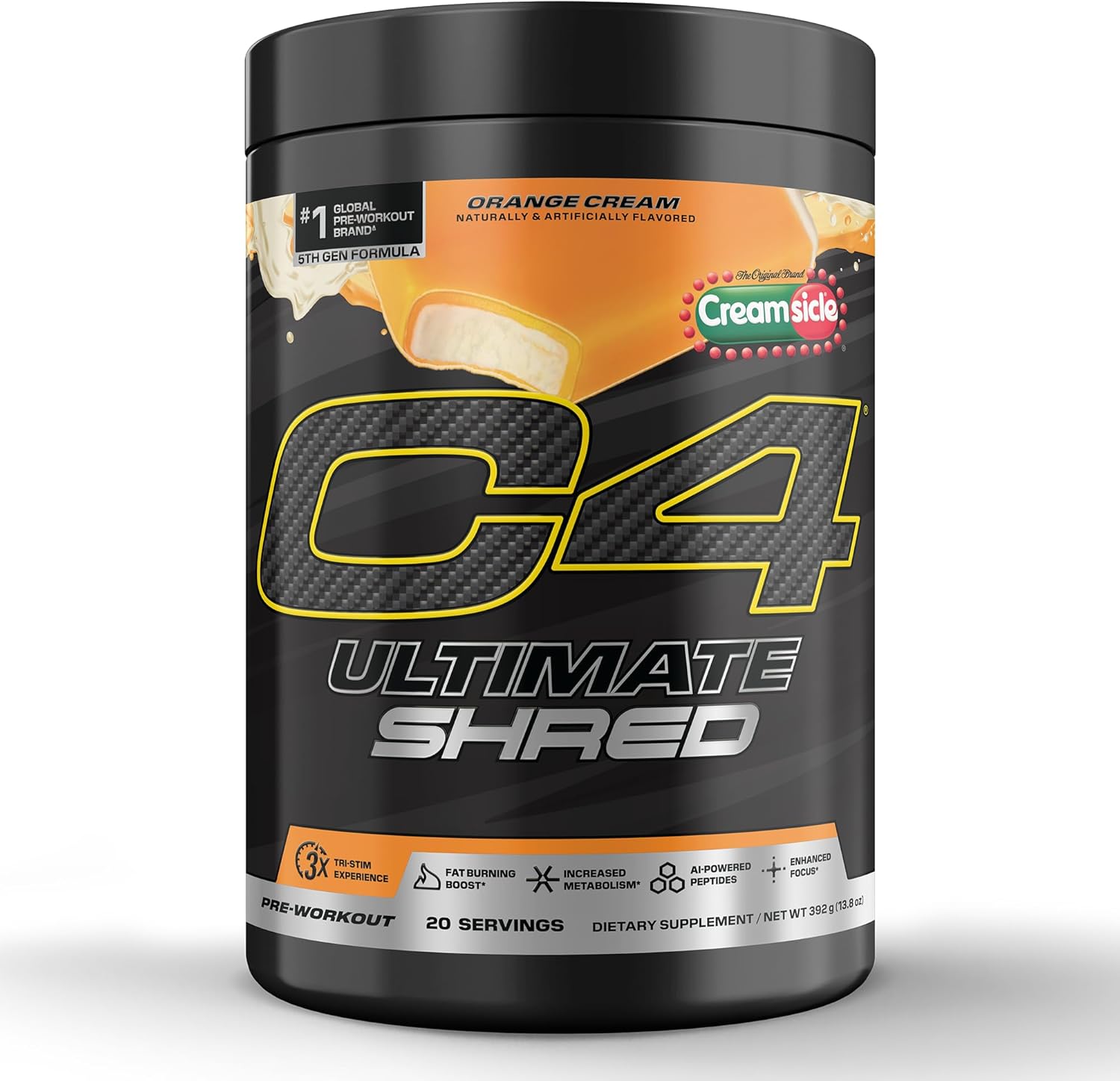 Cellucor C4 Ultimate Shred Pre Workout Powder, Metabolism Supplement with Cayenne Extract+300mg Caffeine+TeaCrine+Dynamine - Orange Creamsicle, 20 Servings