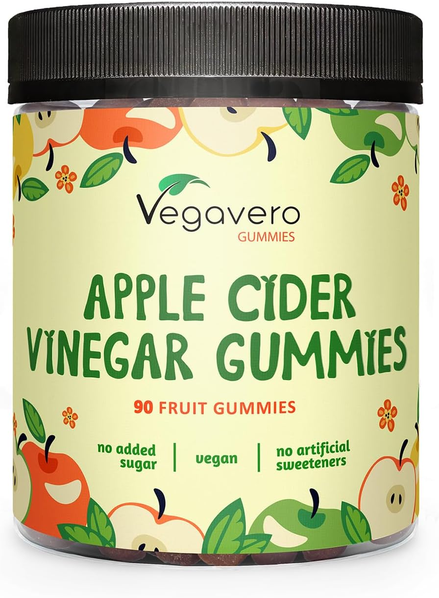 Vegavero Apple Cider Vinegar Gummies | NO Sweeteners or Added Sugars | 91% Fruit | Digestive Gums | Without Gelatine | Vegan | 90 Apple Cider Soft Bites