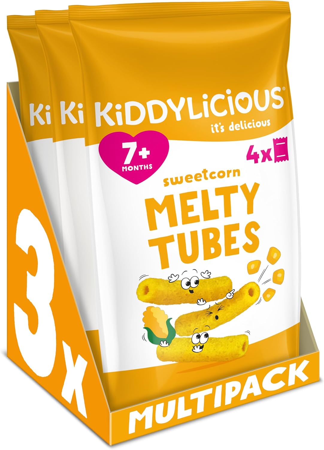 Kiddylicious Sweetcorn Melty Tubes - Delicious Snacks for Kids - Suitable for 7+ Months - 3 Packs of 4 (12 Total)