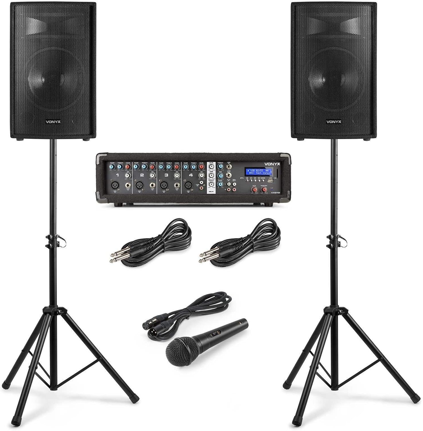 VONYX VX210 Complete PA System Audio Pack - 10" 800W PA Speaker and Bluetooth Mixer Amplifier Set with Speaker Stands & Microphone for DJ, Karaoke, Singers and Small Band Performances
