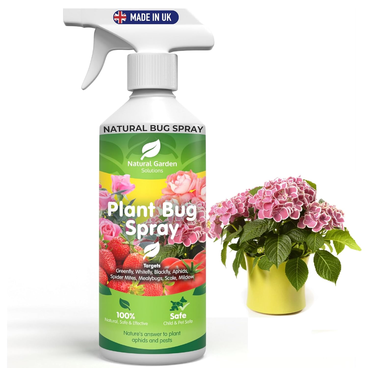 Natural Garden Solutions Organic Plant Bug Spray Fruit Vegetables Flowers Bee Friendly Pest Control Greenfly Blackfly Aphids Whitefly Spider Mites Mealybugs Scale Mildew Indoors Outdoors 500ML