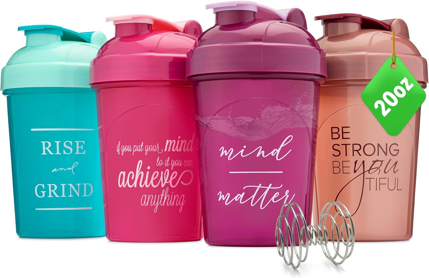 [4 Pack] 20oz Shaker Bottle with Motivational Quotes (Plum, Rose, Raspberry, Teal) | Protein Bottle with 4x Wire Mixers |Blender Shaker Bottle for Protein Mixes Pack is BPA Free and Dishwasher Safe