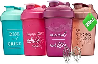 [4 Pack] 20oz Shaker Bottle with Motivational Quotes (Plum, Rose, Raspberry, Teal) | Protein Bottle with 4x Wire Mixers |Blender Shaker Bottle for Protein Mixes Pack is BPA Free and Dishwasher Safe