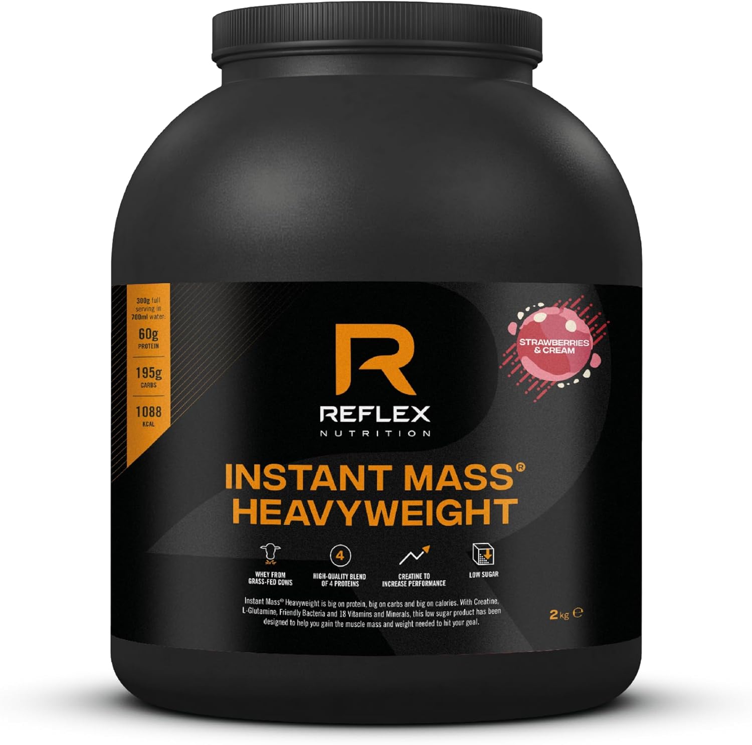 Reflex Nutrition Instant Mass Heavyweight - Mass Gainer - Over 1000 Kcal per Serving, 60g Protein, Creatine - High Calorie Post Workout or Before Bed Protein Shake (Strawberries & Cream, 2 kg)