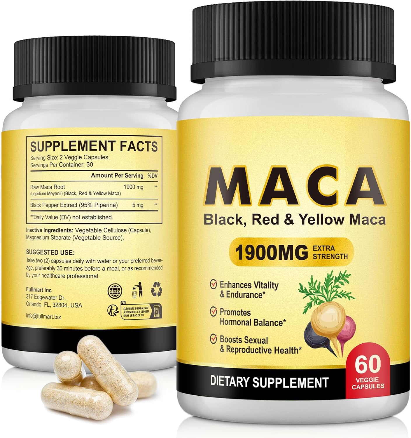 Maca Root Capsules for Women1900mg, Black + Red + Yellow Maca Root Extract Vegan Supplement Supports Reproductive Health, Menstrual Support, Hormonal Balance, Natural Energy