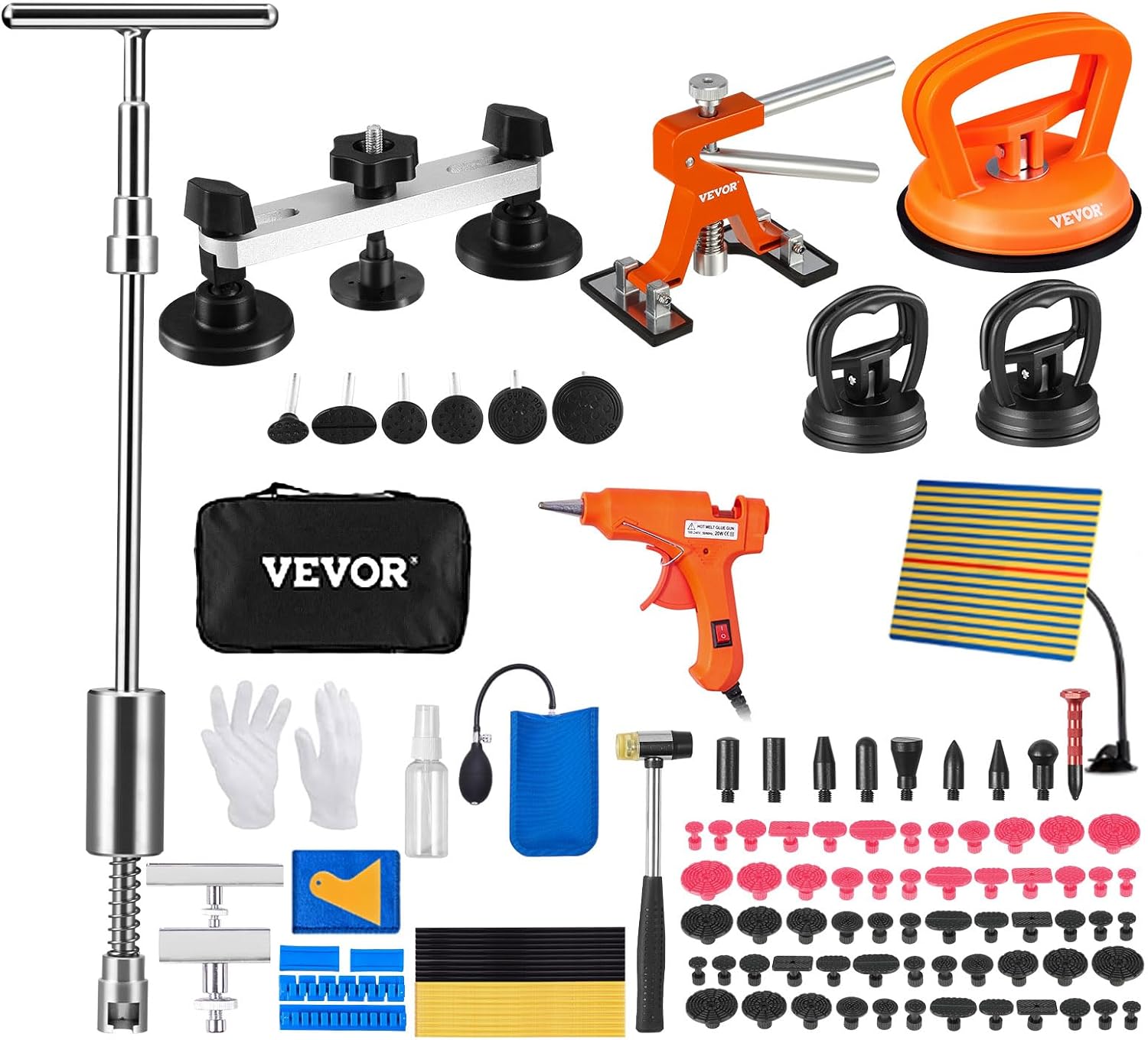 VEVOR 117 PCS Dent Removal Kit, Paintless Dent Repair Kit with Golden Lifter, Bridge Puller, Slide Hammer T-bar Dent Puller, Suction Cup Dent Puller for Auto Body Dents, Hail Damage, Door Ding