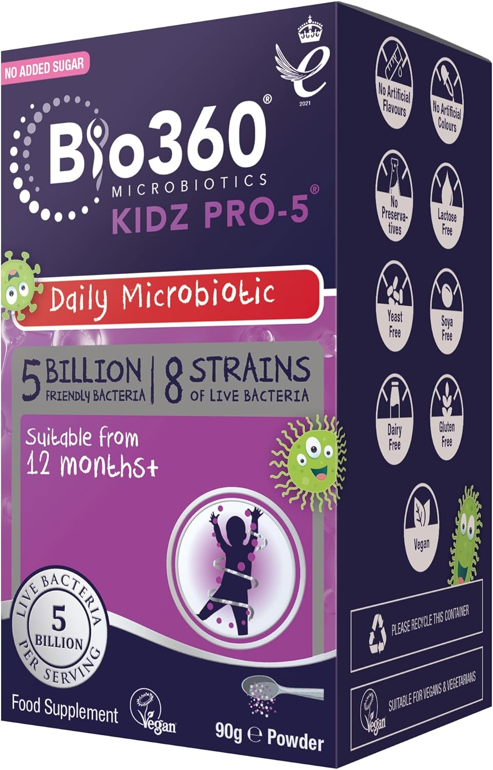 Natures Aid Bio360 Kidz Pro-5 Daily Microbiotic Powder 90g for Children 12 Months to 12 Years - 5 Billion Friendly Bacteria - Sugar Free Vegan Non-GMO Gluten-Free