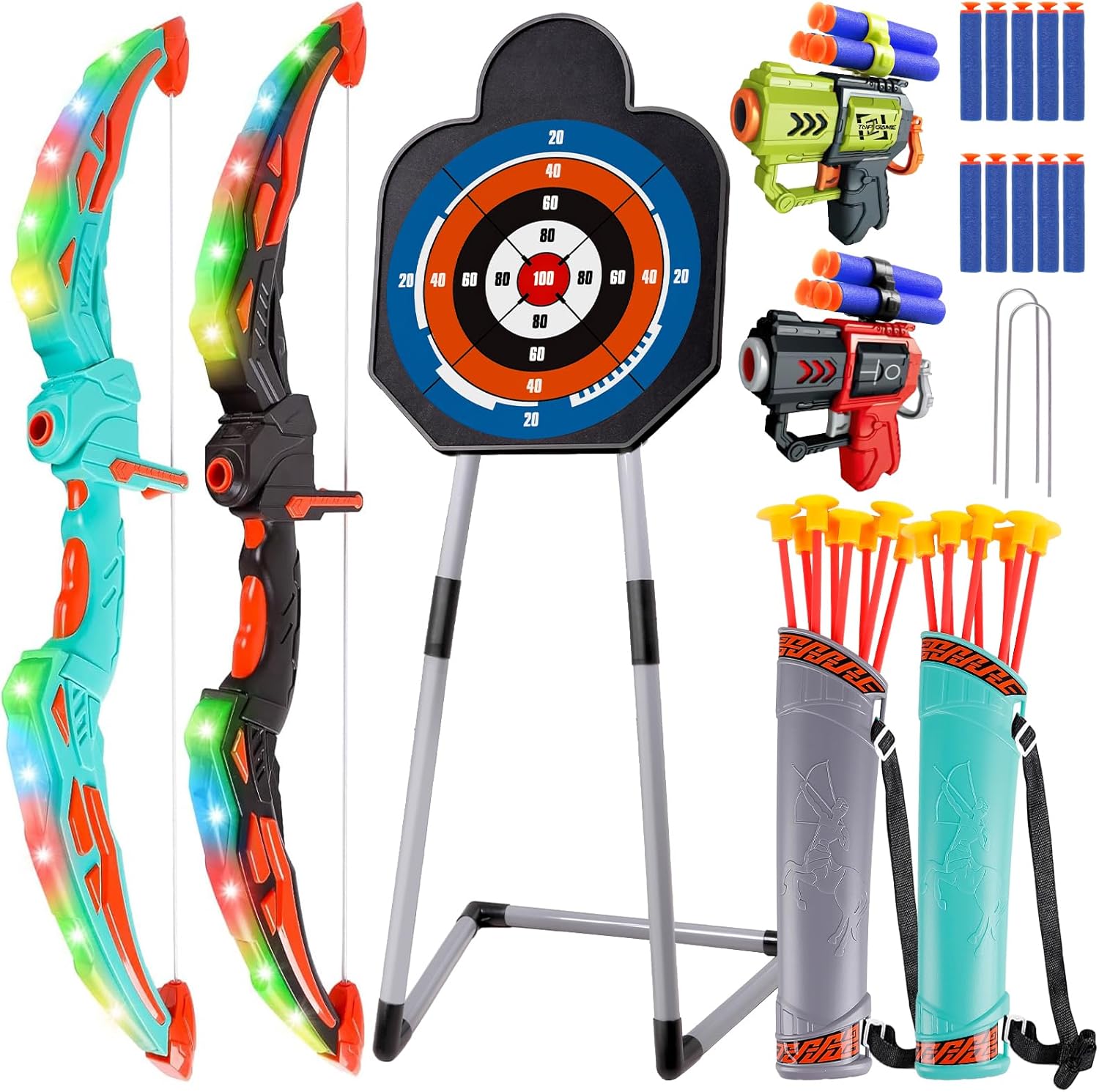 2 Pack Bow and Arrow for Kids Sports and Outdoor Play Toys Archery Set with LED Light Up 16 Arrows 1 Standing Target 2 Quiver Indoor Outdoors Toy for Age 4-12 Year Old Boy Girl Gift