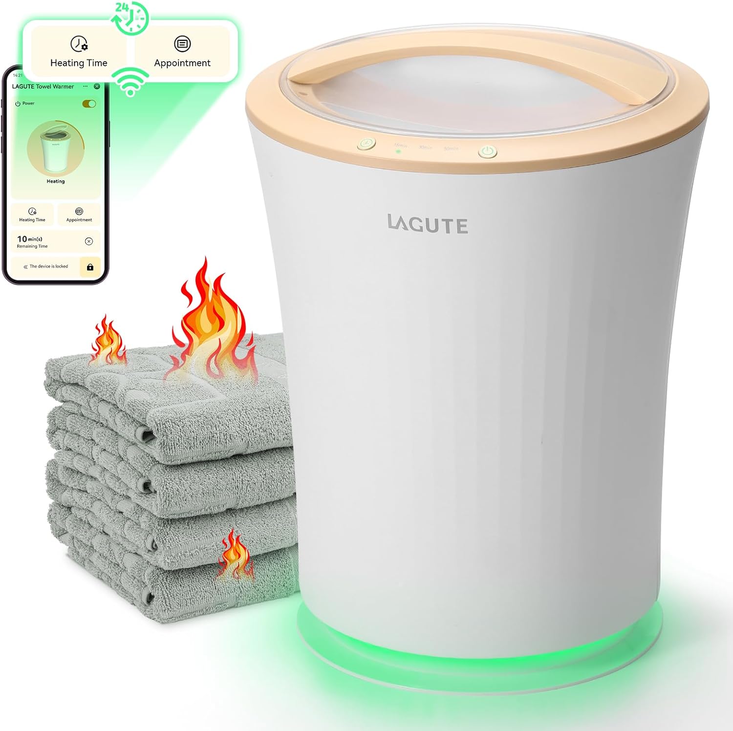 Lagute Bathroom Towel Warmers Bucket with WiFi Control and Time Appointment, Warning Alarm RGB Light, Warm Beige