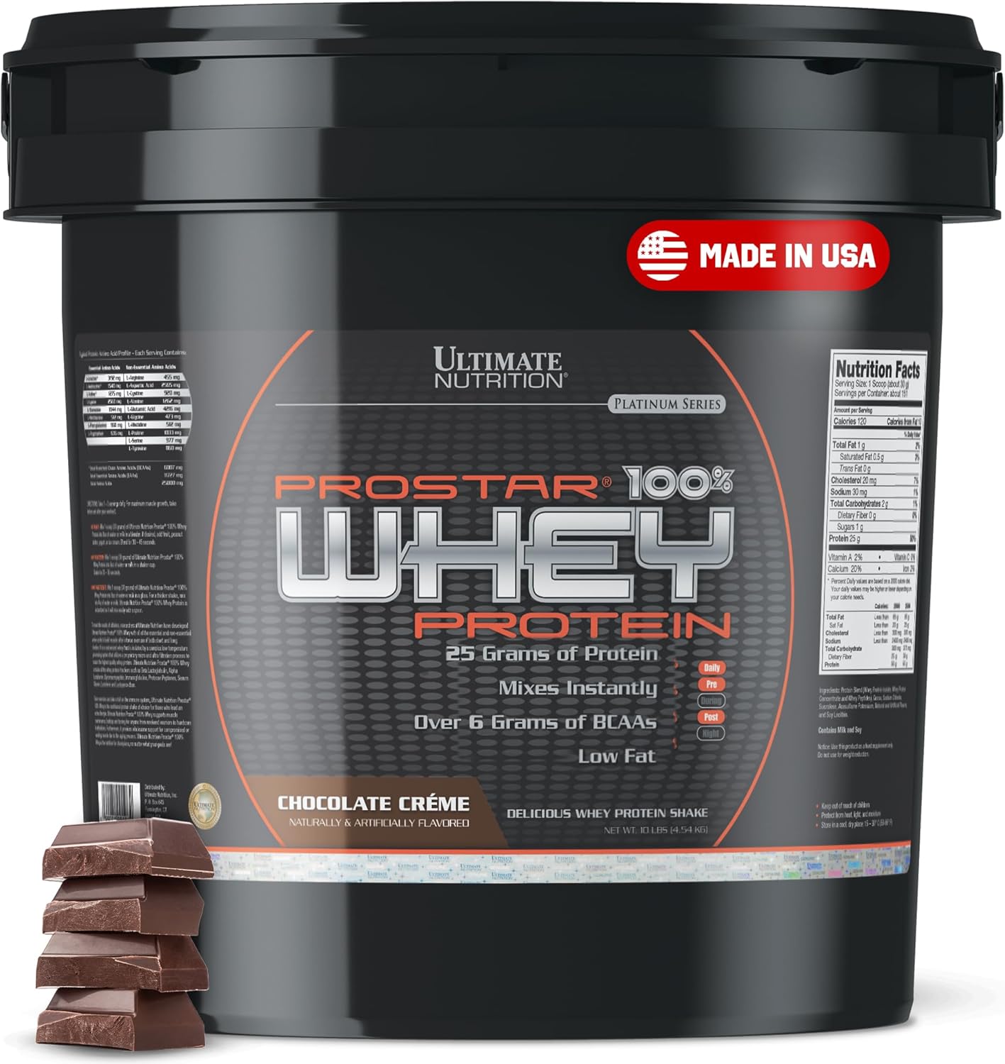 Ultimate Nutrition Prostar Whey Protein Powder Isolate, Chocolate - Low Carb, High Protein Powder Shake for Muscle Gain & Recovery - Low Sodium, Low-Fat & Keto Friendly - 10 lbs Bucket
