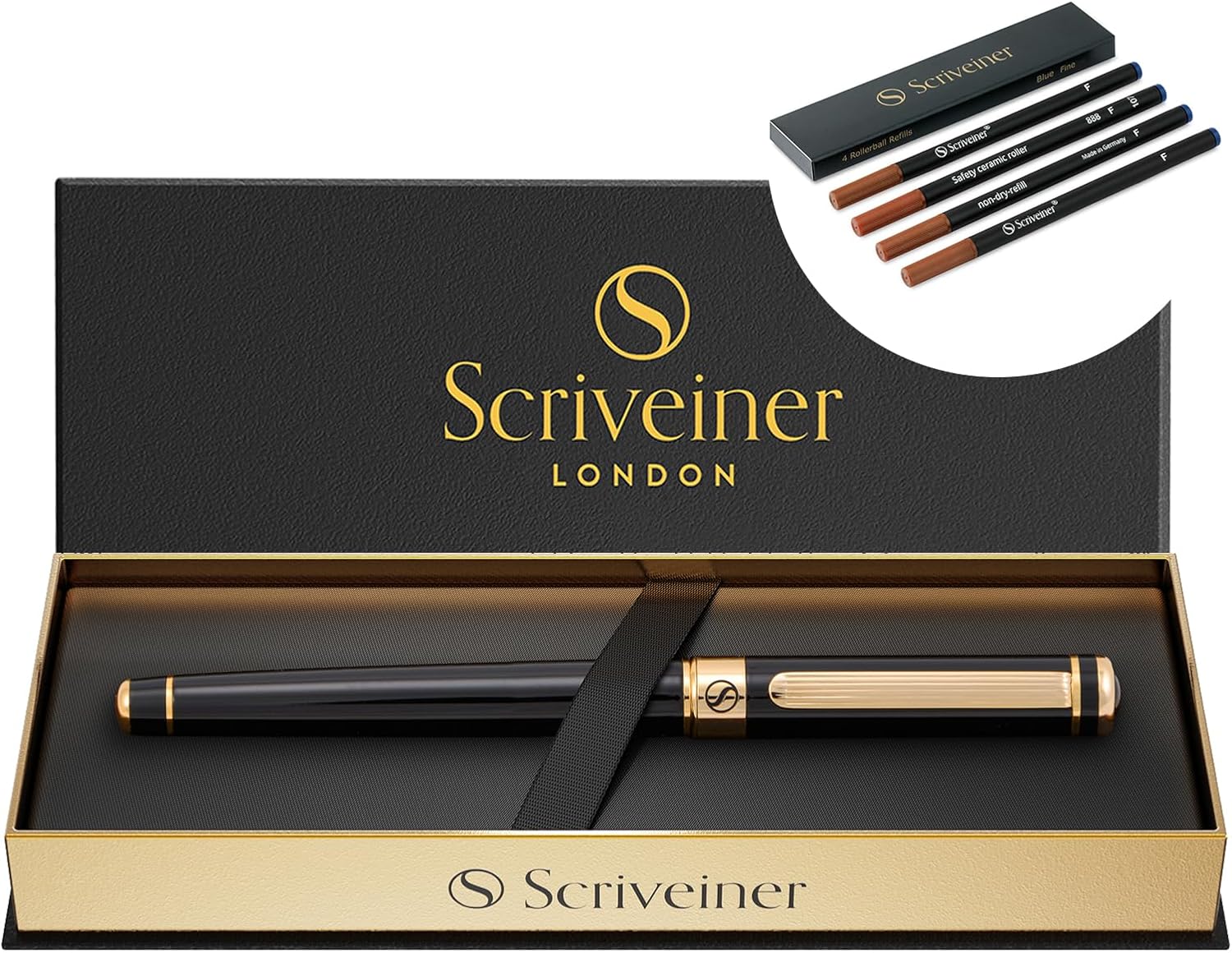 Scriveiner Black Lacquer Rollerball Pen - Stunning Luxury Pen with 24K Gold Finish bundle with Rollerball Refill Blue Fine - 4 Rollerball Refills in one box
