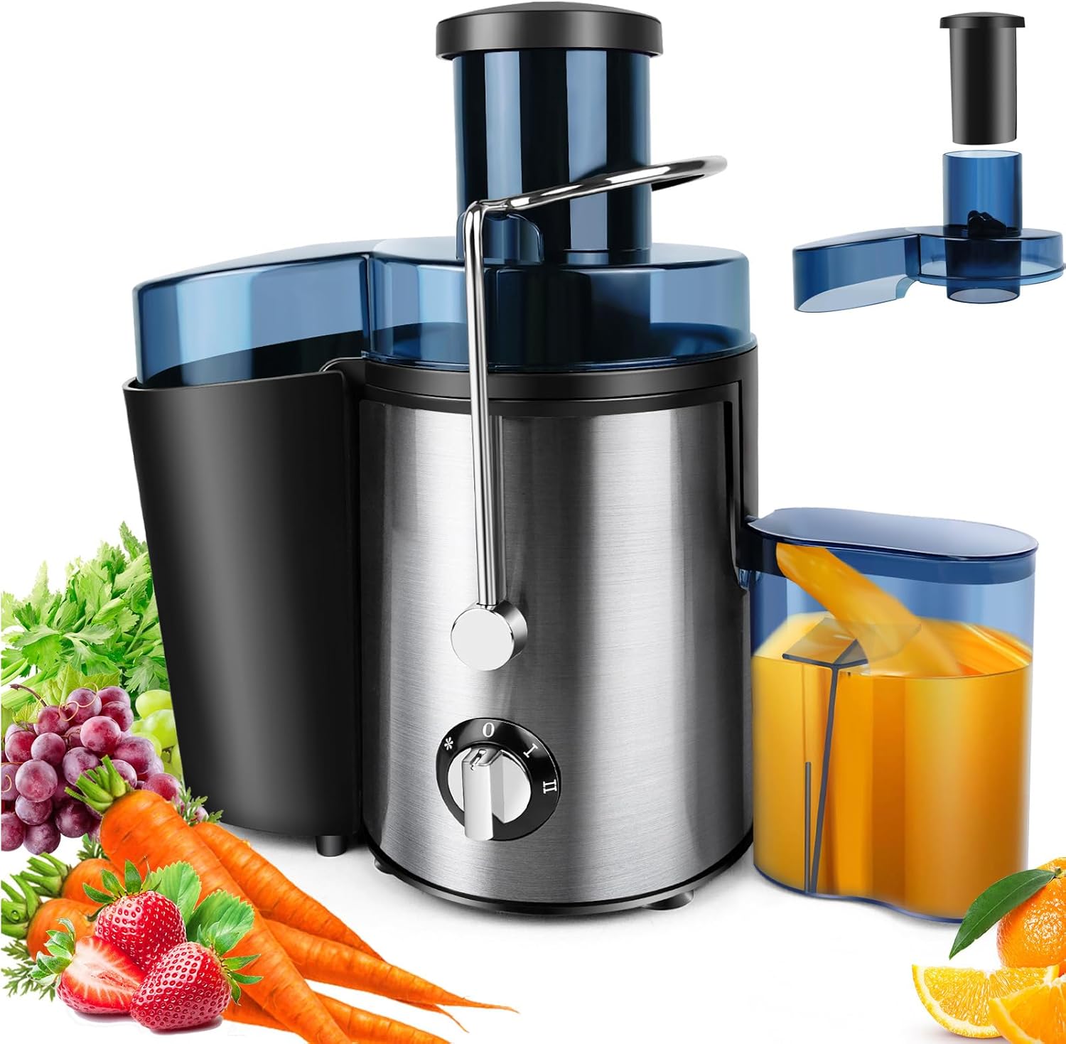 Juicer Machines, Cold Press Juicer, Whole Fruit and Vegetables with 2-Speed Setting, 3-Inch Wide Mouth Food Chute, Upgraded Version 1000W Motor Quick Juicing, 500ML Juice Cup