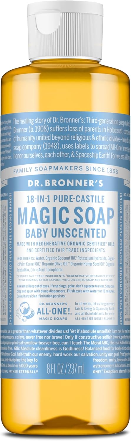 Dr Bronner's All-in-1 Baby Mild Magic Soap, Unscented Pure Castile Liquid Soap, Made with Organic Oils, Used for Face, Hair, Babies, Laundry and Dishes, Certified Fair Trade & Vegan Friendly, 240 ml