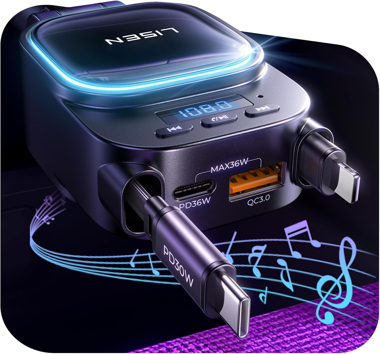 LISEN 2025 Bluetooth 5.3 FM Transmitter Car Adapter 96W 4 in 1 Retractable Car Charger [HiFi Balance Tech] [PD36W] Car Radio Music Blutooth Adapter Hands Free Calling Audio Transmitters Phone Antennas