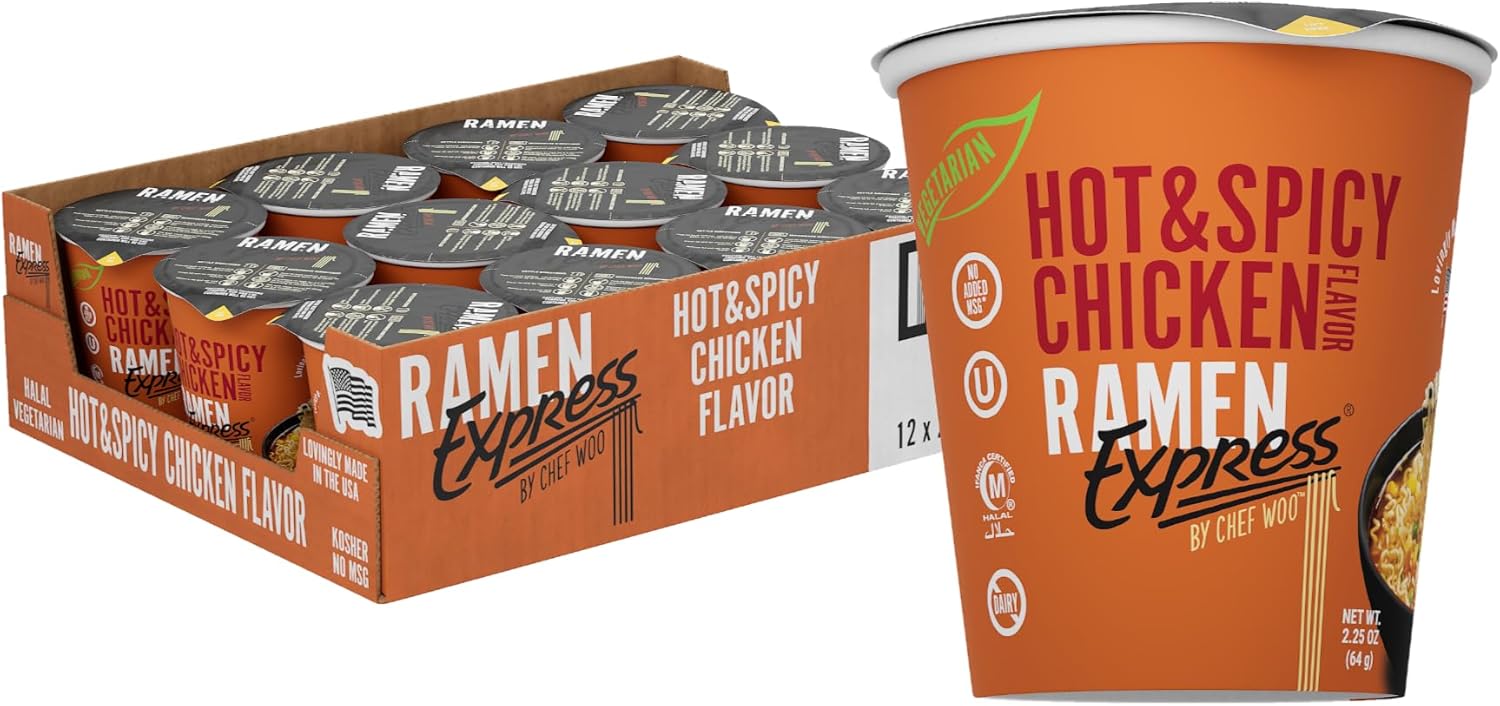 RAMEN EXPRESS Hot & Spicy Chicken Flavor Ramen Cup Noodle, 2.25 Oz Each (Pack Of 12) by Chef Woo | Vegetarian | Halal | Egg-Free and Dairy-Free