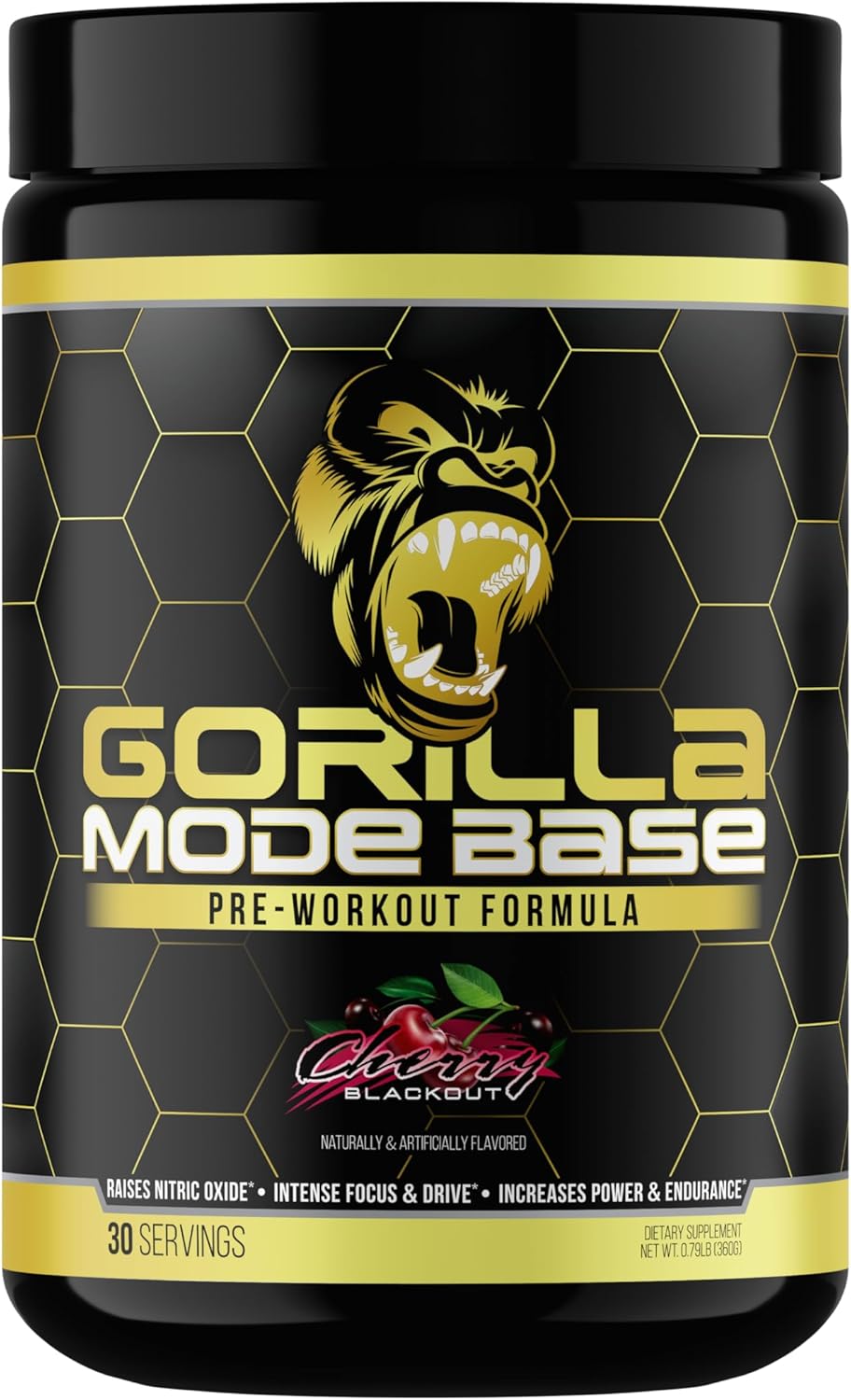Gorilla Mind Base Pre Workout - Raises Nitric Oxide Intense Focus & Drive Endurance Power - L-Citrulline, L-Tyrosine, Betaine, Alpha-GPC, Caffeine, Huperzine A - 360 Grams (Cherry Blackout)