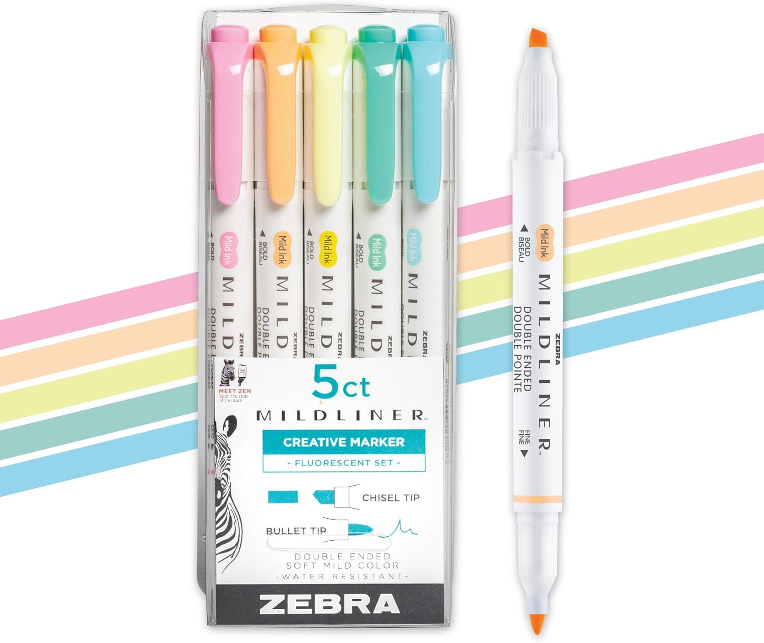 Zebra Pen Mildliner Double-Ended Highlighter Set, Broad and Fine Point Tips, Ideal for Bible Highlighting, No Bleed, Assorted Fluorescent Ink Colors, 5-Pack (78105)