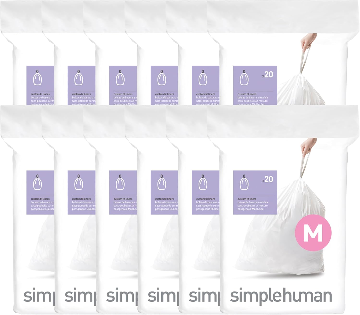 simplehuman Code M Custom Fit Drawstring Trash Bags, 45 Liter/12 Gallon, 12 Refill Packs (240 Count)