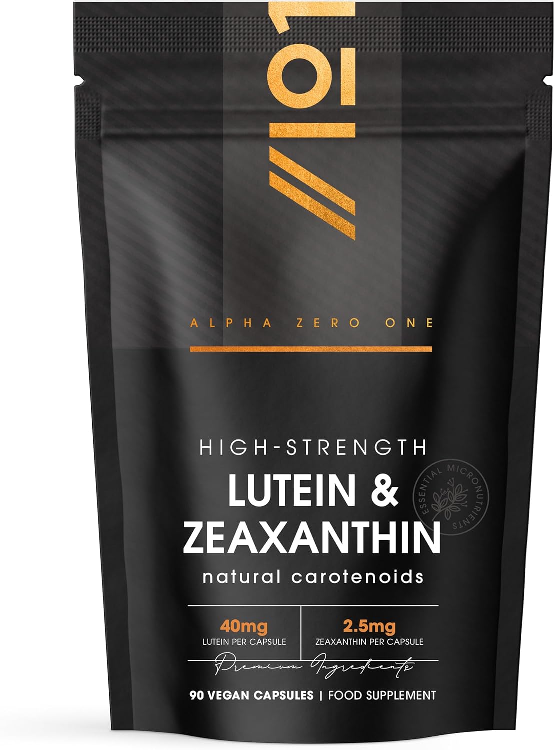 Lutein & Zeaxanthin with BioPerine® – 40mg Lutein 2.85mg Zeaxanthin – 90 Vegan Capsules – Natural Carotenoids from Marigold Extract – Resealable and Recyclable Pouch by Alpha01