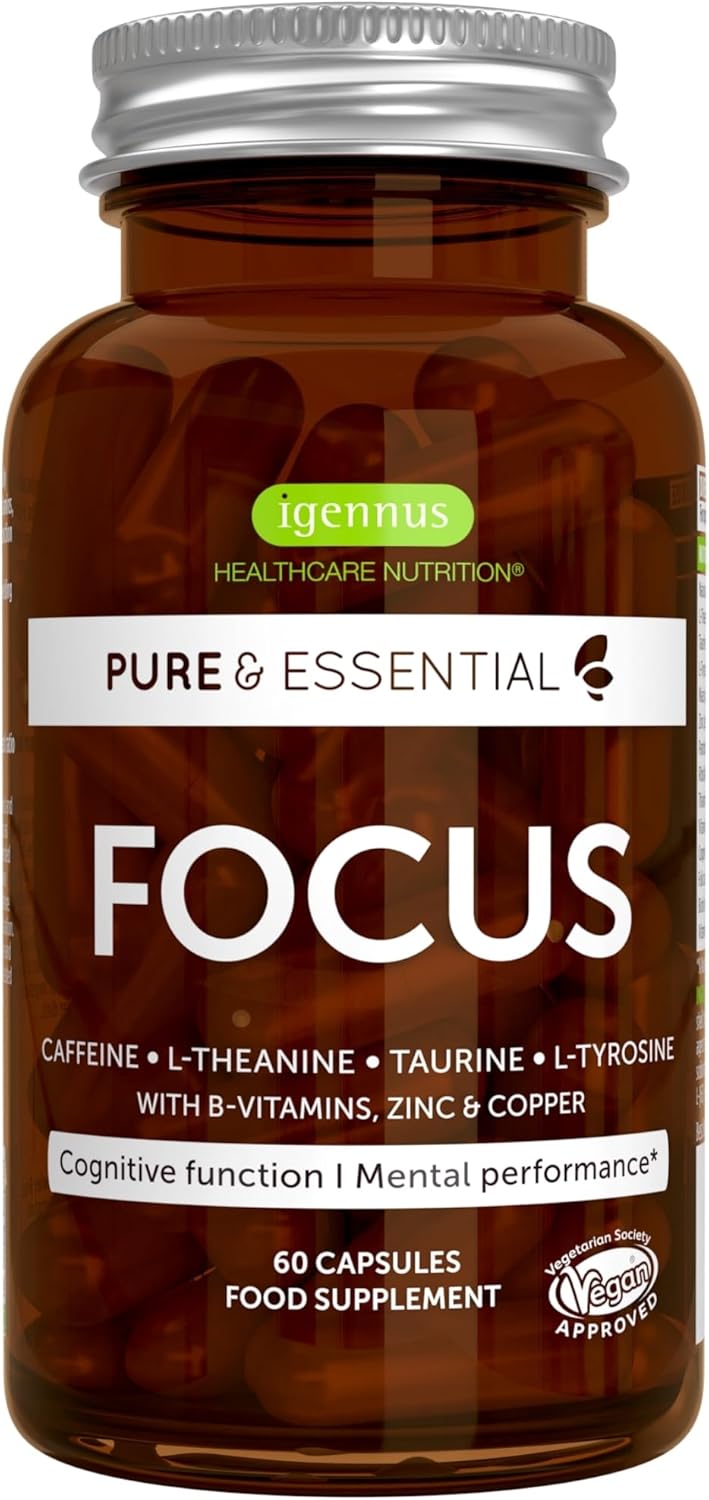 Focus - Nootropic Brain Supplement for Concentration with Methylated B-Vitamins, Taurine, L-Tyrosine, L-Theanine & 200mg Caffeine, Zinc and Copper, 60 Capsules, by Igennus