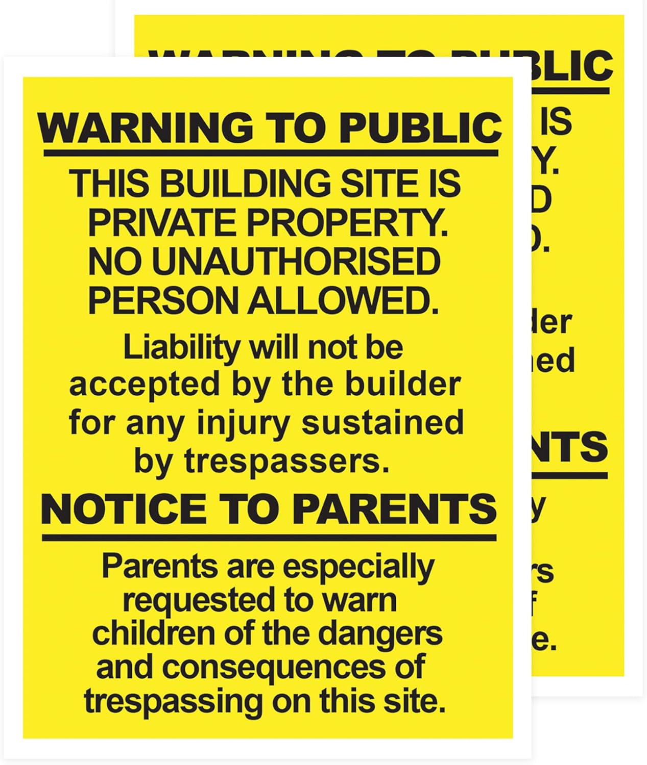 RDLCAR Building Site Warning Signs 1mm Thick PVC Pack of 2 Durable 300mm x 400mm Public Safety Signage High Visibility Weatherproof Portrait