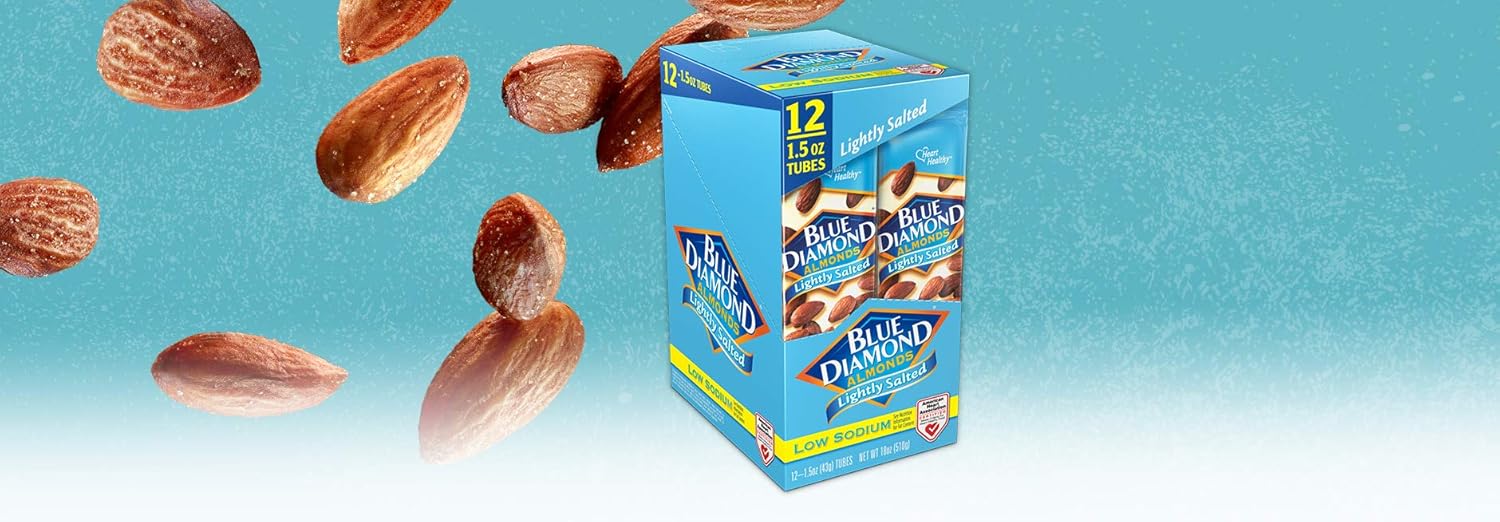 Blue Diamond Almonds, Low Sodium, Lightly Salted Flavored Snack Nuts, Single Serve Bags (1.5 Oz. Tubes, Pack of 12)