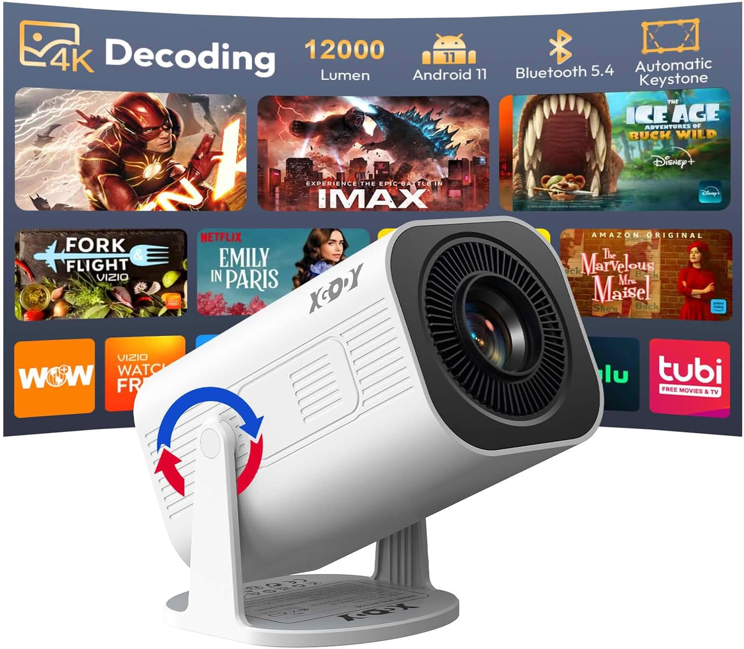 [2026 Upgraded & Android 14.0] Mini Projector Native 720P HD, Supports 4K 1080P, XGODY Gimbal 3 Pro Portable Projector 12000 Lumen, WiFi 6, Bluetooth, Auto Keystone, Video Projector for Home Cinema