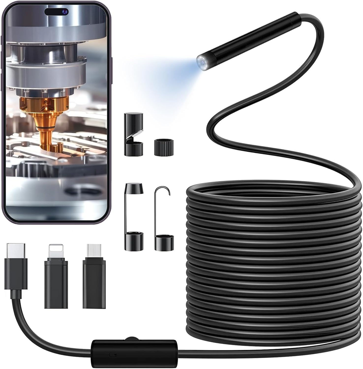 Dual Lens 1920p IP67 Waterproof Endoscope Inspection Camera with 8 Adjustable LED Lights - 16.5ft Semi-Rigid Cable Snake Camera for iPhone iPad Samsung