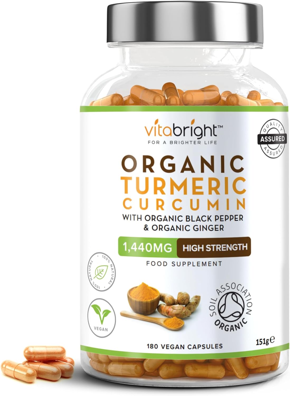 Turmeric and Black Pepper Capsules | 1440mg Dose | 180 Tablets | 3 Month Supply | 2 A Day | Herbal Supplements | High Strength Curcumin | VitaBright Organic Tumeric Supplement