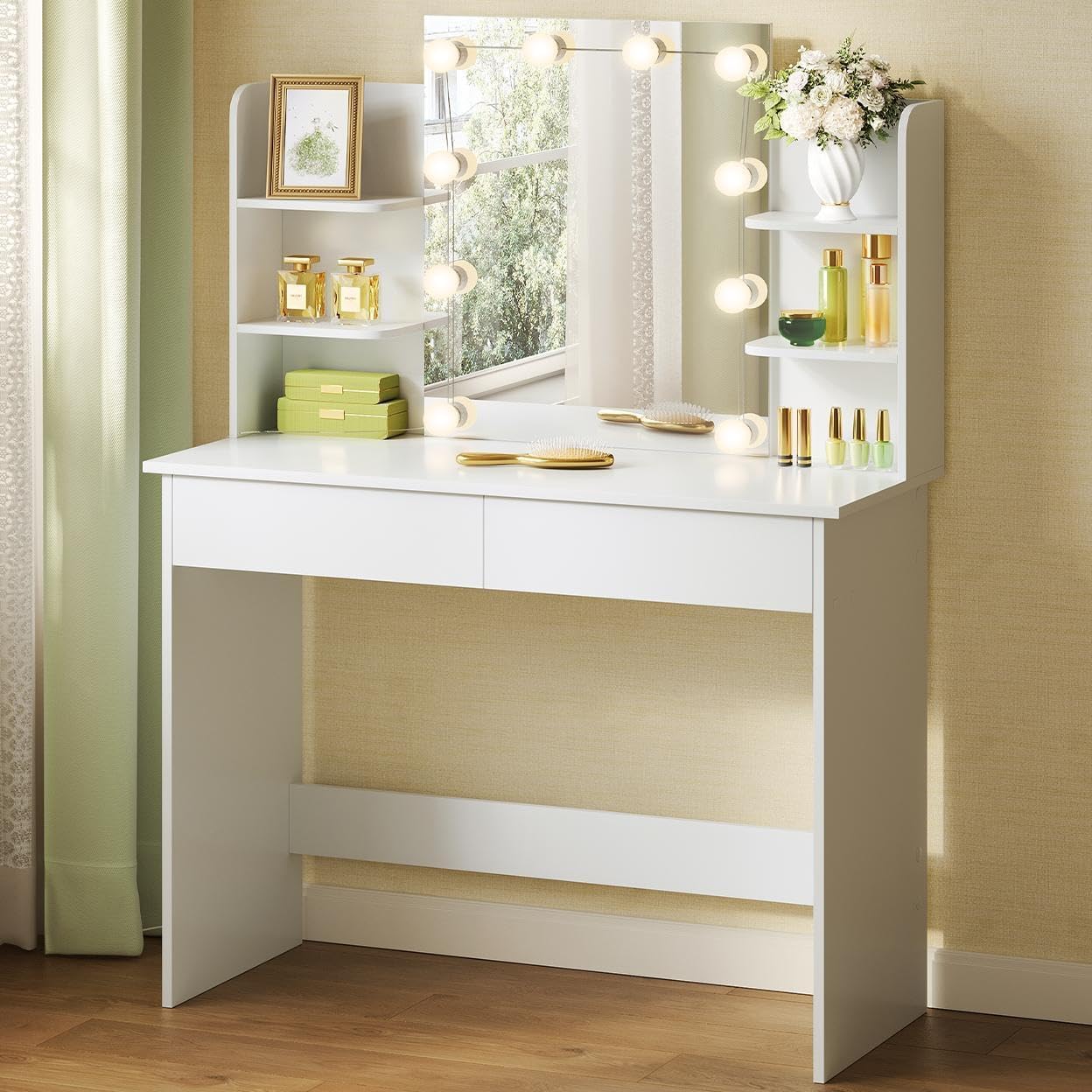 WOLTU Dressing Table, Vanity Desk, with Mirror and 10 Dimmable LED Bulbs