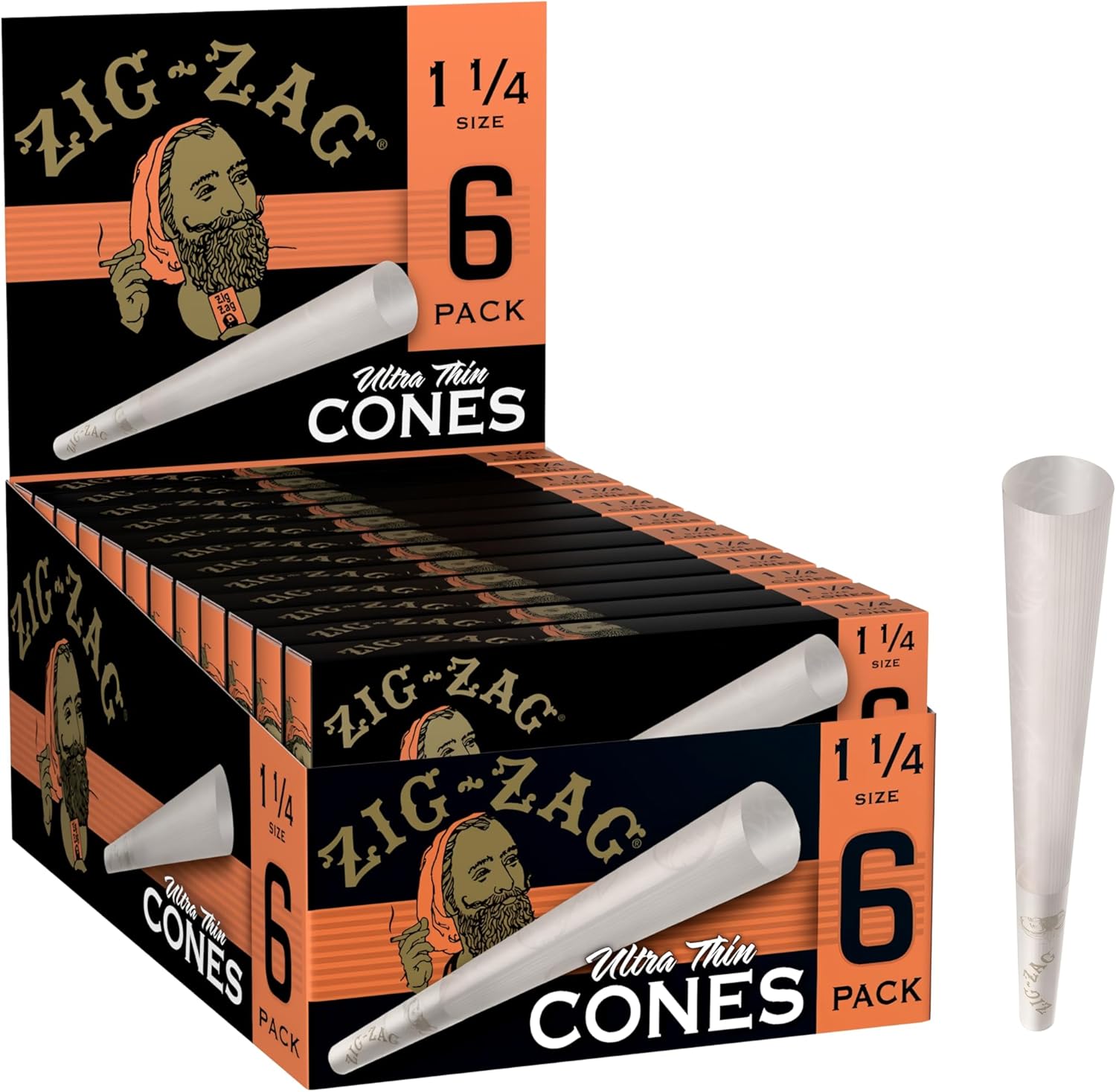 ZIG-ZAG Pre Rolled Cones 1 1/4 Size (24 Pack) Ultra Thin - Slow Burning Pre Rolled Cones with Tips & Packing Tubes Included - (144 Cones)