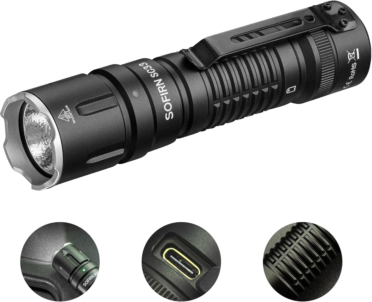 Sofirn SC33 Torches LED Super Bright, USB C Rechargeable Tactical Torch 5200 Lumens Powerful Flashlight with Tail E-Switch, Boost Driver, for Camping Hiking Emergency