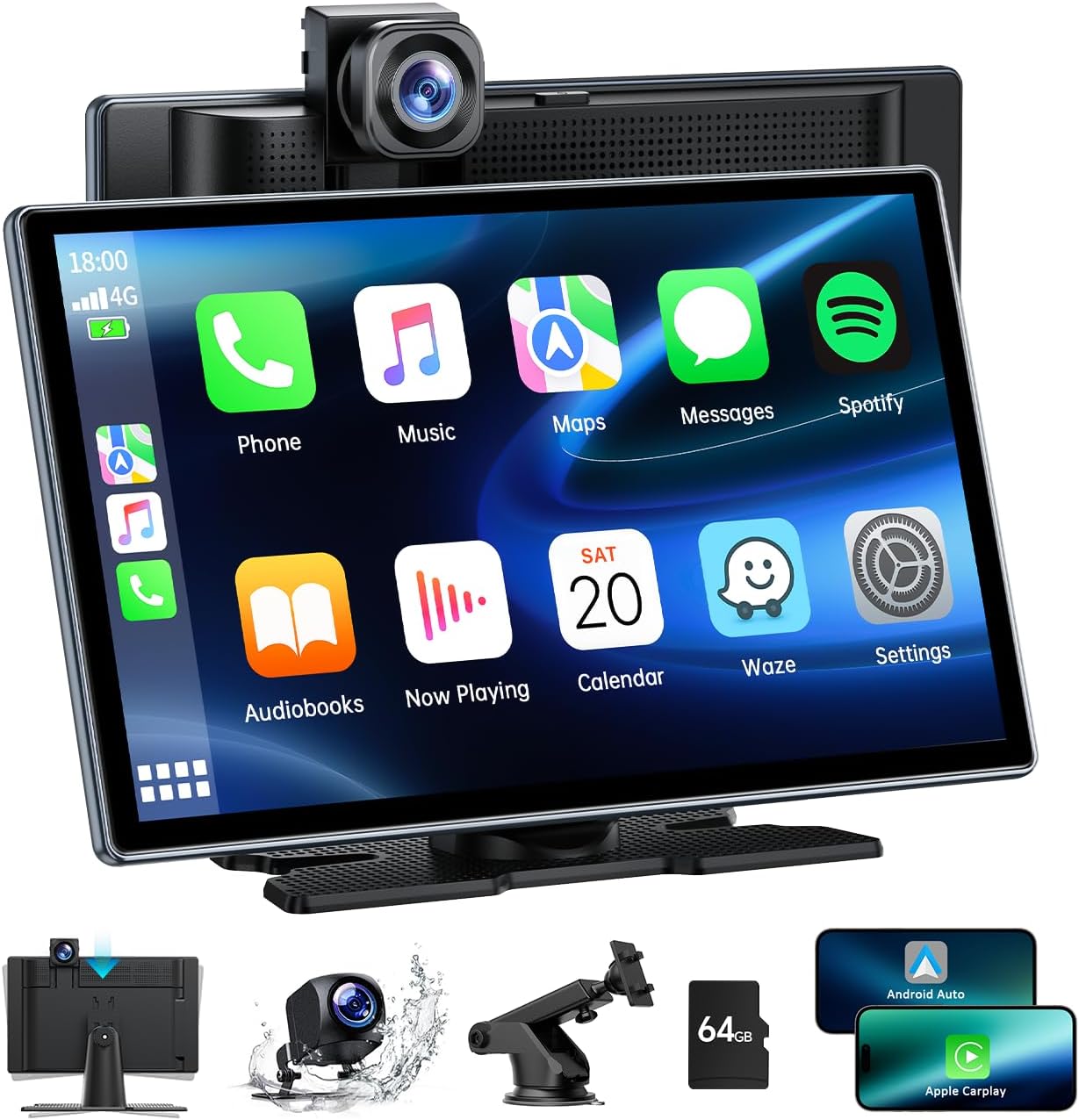 LAMTTO Wireless Car Stereo for Apple CarPlay Android Auto, 9 Inch Portable Car Audio Receiver with 4K Dash Cam, 1080P Rear Camera, Carplay Screen Radio with Bluetooth 5.0/Mirror Link/Siri/GPS/FM/AUX