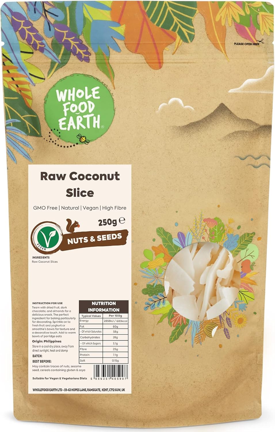 Wholefood Earth Raw Coconut Slice 500 g | GMO Free | Natural | High Fibre