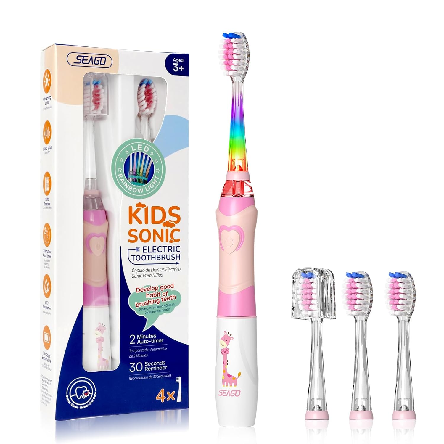 SEAGO Kids Electric Toothbrush with 2 Mins Timer and 4 Replacement Bursh Heads, Rainbow LED Light Make Brushing Fun, Pink Color Girls Battery Powerd for 4-12 Years Old，SG-977